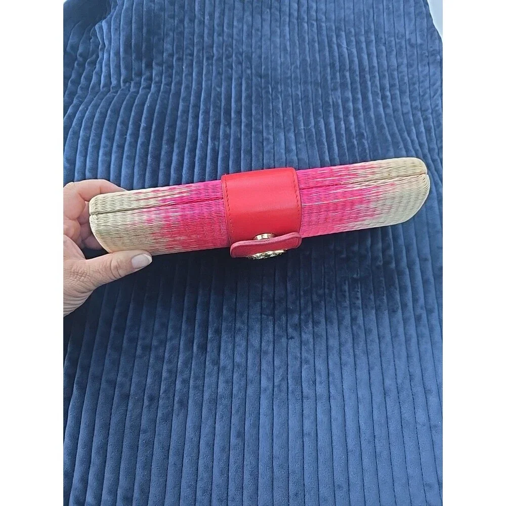 TORY  BURCH  Straw Clutch Tan/pink/red